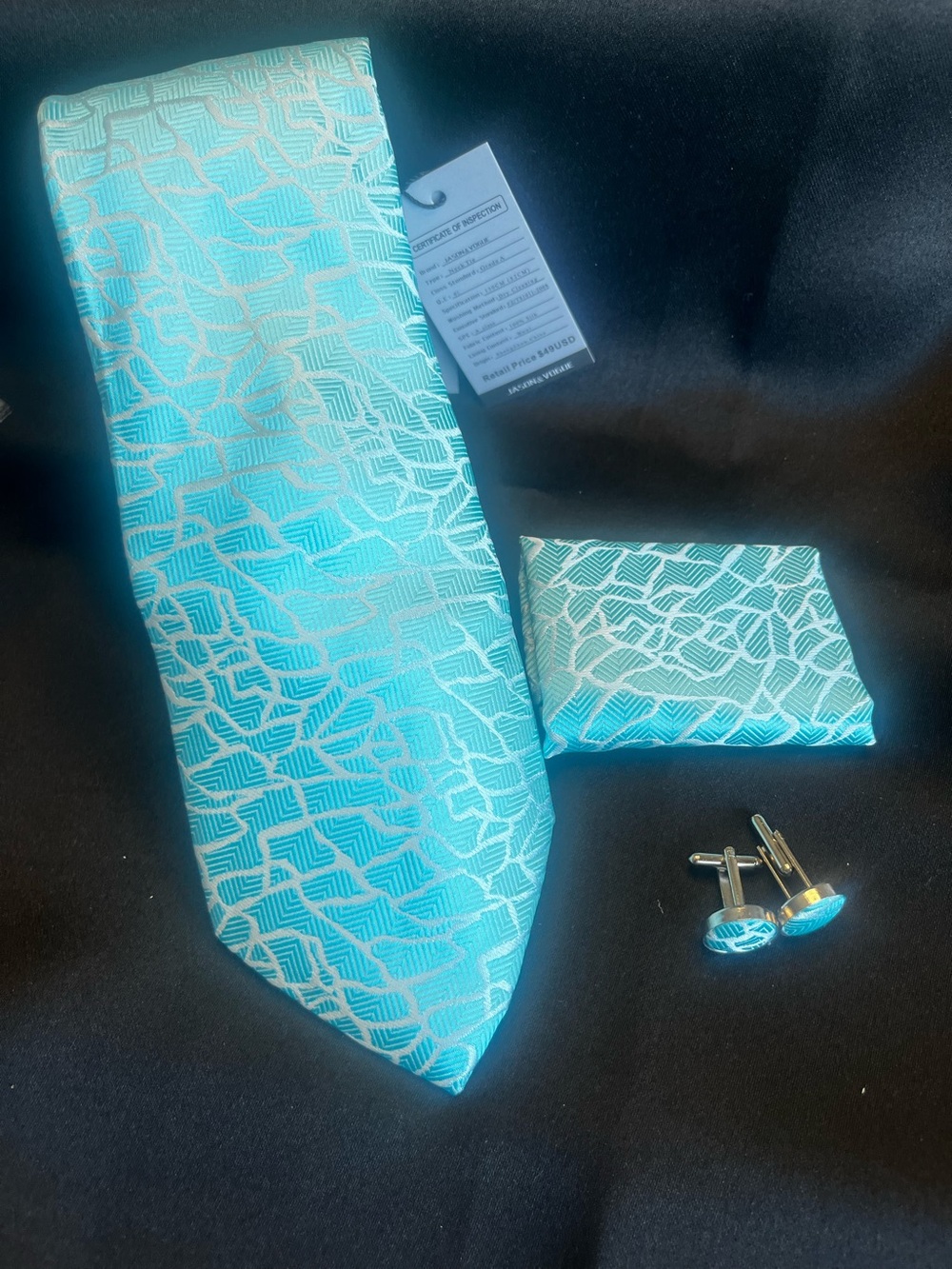Turquoise Geometric Tie Set with Pocket Square and Cufflinks